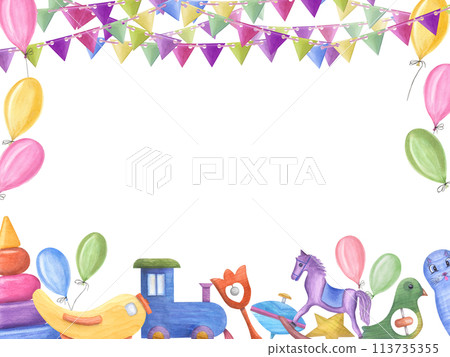 Horizontal frame with kid wooden train, beanbag, spinning top, pyramid, plane. Colored balloons and flag garlands. Wooden toys. Watercolor illustration for kid birthday, party. Space for text. 113735355