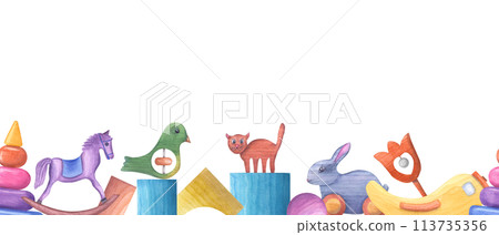 Rattle bird, cat, hare, pyramid, cubes, horse made of blocks. . Wooden elements made from building bricks. Wooden Toys. Seamless horizontal banner. Watercolor illustration for baby decor 113735356