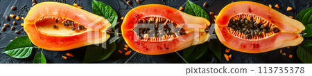 Ripe papaya with blue companion fruits laid out on dark setting for healthy snacking 113735378