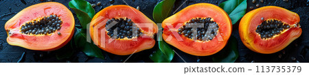 Ripe papaya with blue companion fruits laid out on dark setting for healthy snacking Ripe papaya with blue companion fruits laid out on dark setting for healthy snacking 113735379