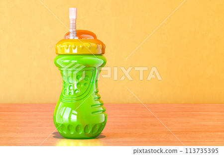 No-Spill Sippy Cup with Flex Straw for kids on the wooden table, 3D rendering 113735395