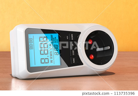Watt Meter, Plug-in Socket Power Meter, Auto Cost Calculator on the wooden table, 3D rendering Watt Meter, Plug-in Socket Power Meter, Auto Cost Calculator on the wooden table, 3D rendering 113735396