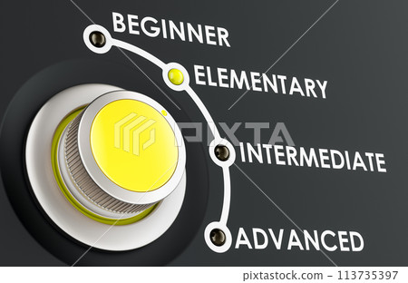 Elementary level, learning and improvement language concept with scale knob. 3D rendering Elementary level, learning and improvement language concept with scale knob. 3D rendering 113735397