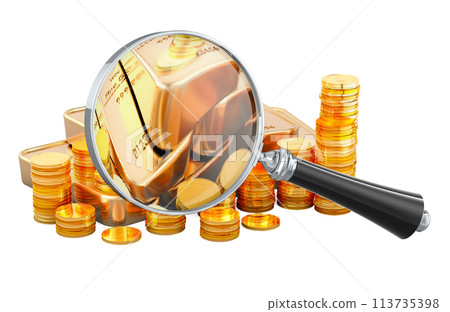 Gold Market Analysis, concept. Golden coins and gold bars with magnifier, 3D rendering Gold Market Analysis, concept. Golden coins and gold bars with magnifier, 3D rendering 113735398