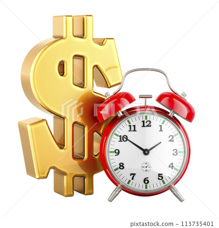 Dollar symbol with alarm clock, make money concept. 3D rendering Dollar symbol with alarm clock, make money concept. 3D rendering 113735401