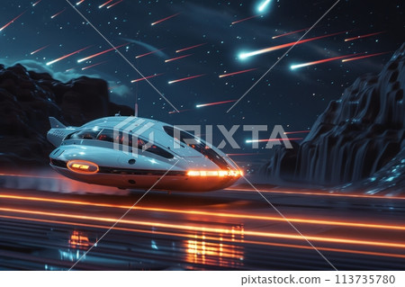 spaceship flying through an asteroid field 113735780