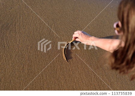 Young woman on the beach drawing a heart shape on the sand at sunset. Young woman on the beach drawing a heart shape on the sand at sunset. 113735839