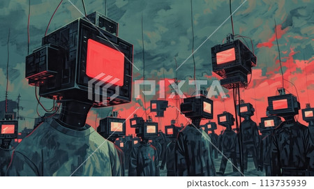 A painting of a group of people with television sets for heads standing in a field. 113735939