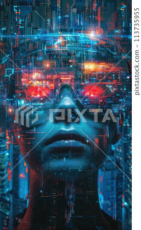 Portrait of a woman wearing a VR headset. 113735955
