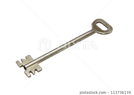 Closeup of a key, a tool made of nickel or steel, on a white background 113736139