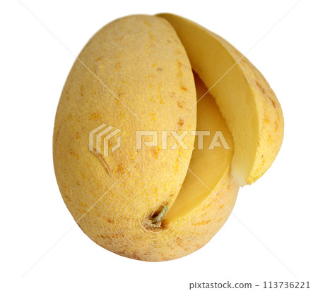 Yellow juicy melon cut on a white background Yellow juicy melon cut on a white background 113736221