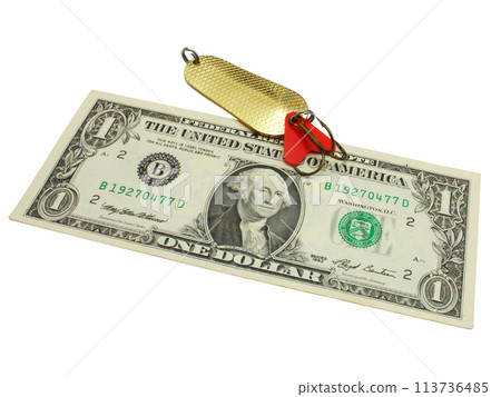 Fishing spoon with dollars isolated on white background Fishing spoon with dollars isolated on white background 113736485