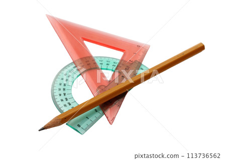Plastic ruler and pencil on white background Plastic ruler and pencil on white background 113736562