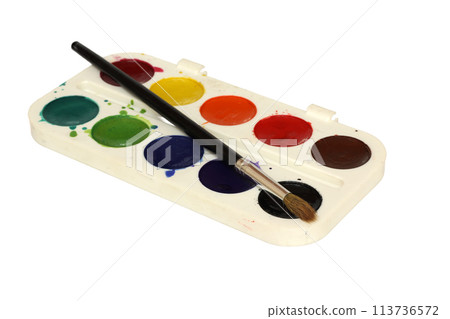Watercolor paint and brush in white box isolated on white background 113736572