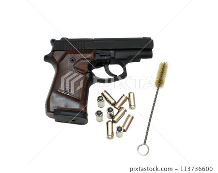 9mm pistol bullets and handgun isolated on white background 9mm pistol bullets and handgun isolated on white background 113736600