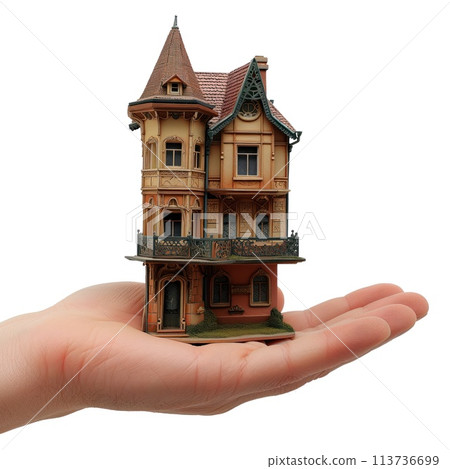 House in hand isolated on white or transparent background. Close-up of a house in hand. Construction concept. Graphic design element. 113736699