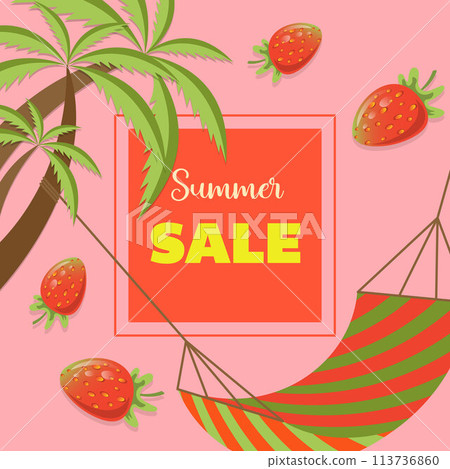 Summer Sale Banner with palm trees and strawberries Post for social networks Summer Sale Banner with palm trees and strawberries Post for social networks 113736860