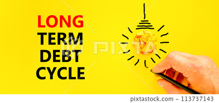 Long term debt cycle symbol. Concept words Long term debt cycle on beautiful yellow paper. Beautiful yellow background. Businessman hand. Business Long term debt cycle concept. Copy space. 113737143