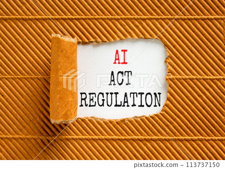 AI act regulation symbol. Concept words AI artificial intelligence act regulation on beautiful white paper. Beautiful brown background. Business AI act regulation concept Copy space 113737150