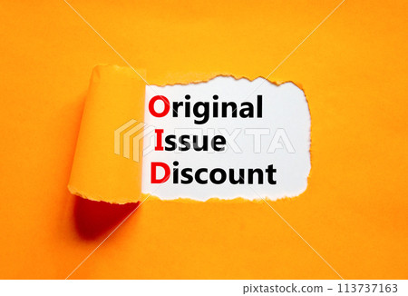 OID original issue discount symbol. Concept words OID original issue discount on beautiful white paper. Beautiful orange paper background. Business OID original issue discount concept. Copy space. 113737163