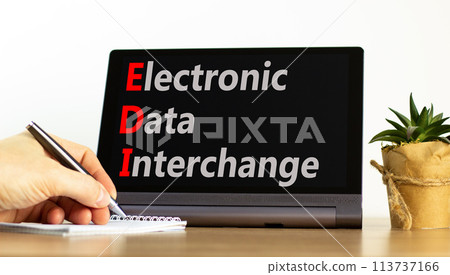 EDI electronic data interchange symbol. Concept words EDI electronic data interchange on black tablet. Beautiful white background. Business and EDI electronic data interchange concept. Copy space. 113737166