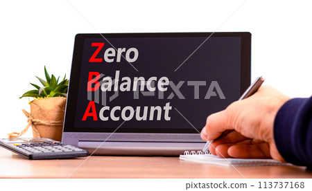 ZBA zero balance account symbol. Concept words ZBA zero balance account on beautiful black tablet. Beautiful white background. Businessman hand. Business ZBA zero balance account concept. Copy space. ZBA zero balance account symbol. Concept words ZBA zero balance account on beautiful black tablet. Beautiful white background. Businessman hand. Business ZBA zero balance account concept. Copy space. 113737168