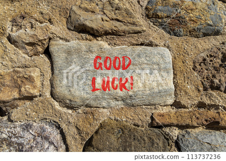 Good luck symbol. Concept words Good luck on beautiful grey stone. Beautiful brown stone wall background. Business, motivational good luck concept. Copy space. 113737236