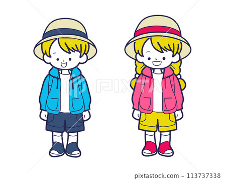 戴草帽的男孩和女孩 113737338