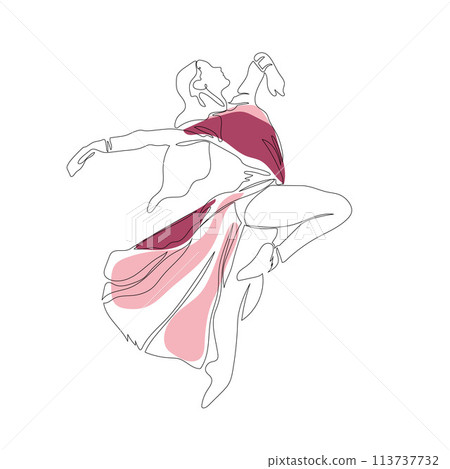Continuous Line Art Drawing. Ballet Dancer ballerina jumping in beautiful red pink dress dream Continuous Line Art Drawing. Ballet Dancer ballerina jumping in beautiful red pink dress dream 113737732