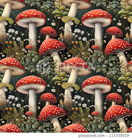 Seamless pattern with watercolor fly agaric mushrooms. Amanita muscaria 113738019