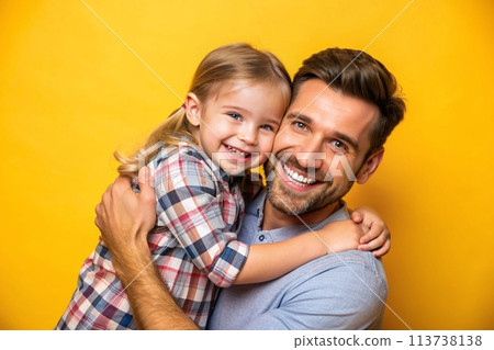 Daddy's love, close-up photo, cheerful father, playing with daughter, studio shot 113738138
