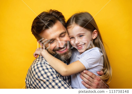 Father-daughter connection, isolated yellow background, studio shot, close-up photo 113738148