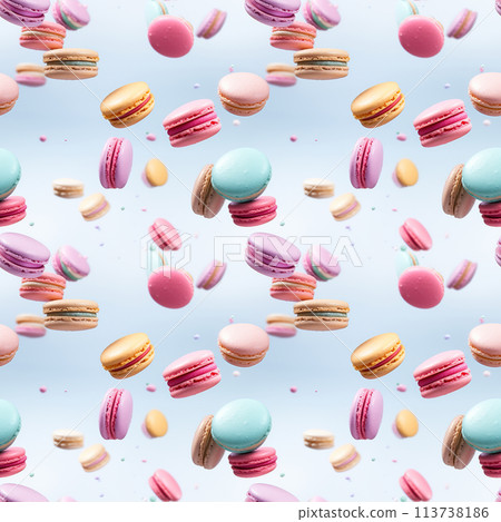 Seamless pattern with flying delicious macaroons 113738186