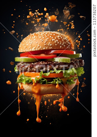 Delicious juicy burger on a dark background. Flying ingredients, levitation, creative food. Delicious juicy burger on a dark background. Flying ingredients, levitation, creative food. 113738207