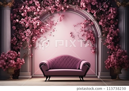 Royal sofa in a beautiful room with flowers. Luxury background 113738230