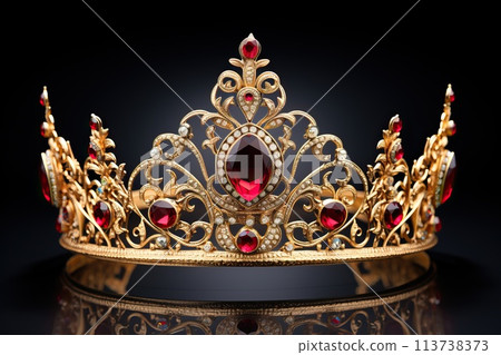 Golden crown inlaid with precious stones isolated on a black background. Royal decoration 113738373