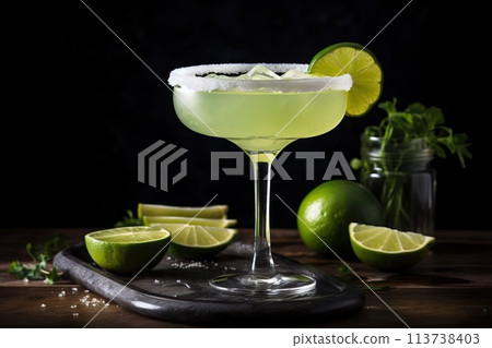 Cocktail Margarita, lime and mint on a dark background. 113738403