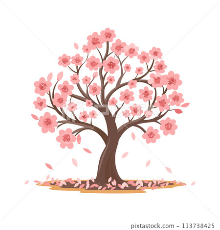 Beautiful cherry blossom tree with pink flowers. Sakura illustration. Vector 113738425