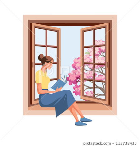 Cute woman reading a book while sitting near an open window with a landscape. Background for a bookstore. Education and recreation concept. Vector Cute woman reading a book while sitting near an open window with a landscape. Background for a bookstore. Education and recreation concept. Vector 113738433