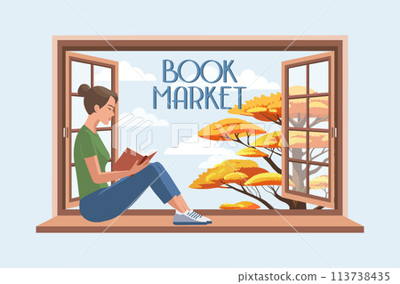 Cute woman reading a book while sitting near an open window with a landscape. Background for a bookstore. Education and recreation concept. Vector Cute woman reading a book while sitting near an open window with a landscape. Background for a bookstore. Education and recreation concept. Vector 113738435