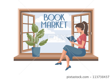 Cute woman reading a book while sitting near an open window with a landscape. Background for a bookstore. Education and recreation concept. Vector 113738437
