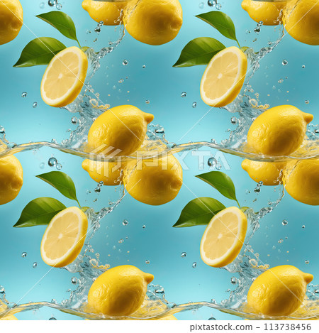 Seamless pattern with fresh juicy lemons and water splashes 113738456