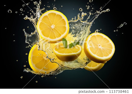 Fresh juicy lemon in splashes of water on a black background 113738461