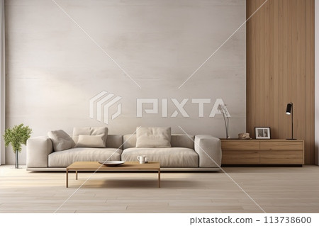 Modern minimalist living room design. Visualization of the interior in light beige colors. 113738600