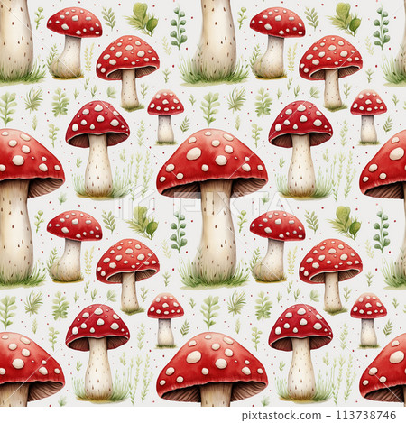 Seamless pattern with watercolor fly agaric mushrooms. Amanita muscaria 113738746