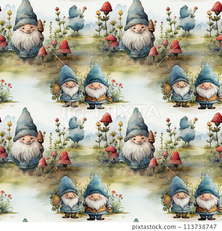 Seamless pattern with watercolor gnomes. Hand-drawn illustration 113738747