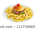 Complex classic hamburger of cheese fried egg fried sausage fried sausage fried lettuce leaves and fries. Isolated on a white background. 113738869