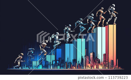 Technological progress graph with futuristic city and dynamic robots Technological progress graph with futuristic city and dynamic robots 113739223