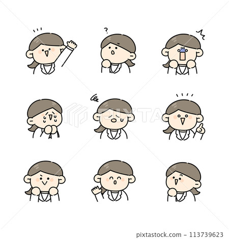 A set of facial expressions and poses of a woman wearing a white coat 113739623