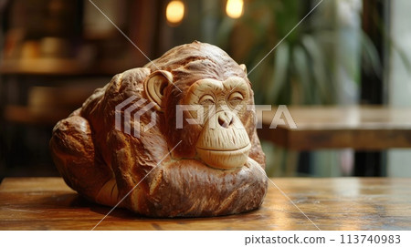 Unique bread loaf resembling an chimpanzee resting on a wooden table, Ai Generated 113740983